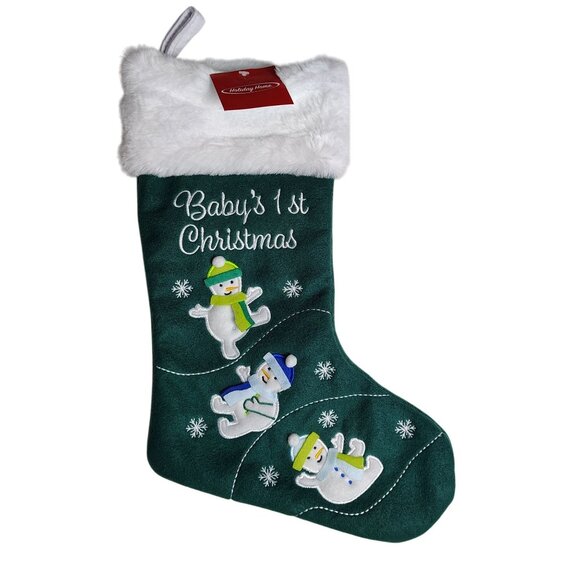 Holiday Home Babys 1st Christmas Green Embroidered Holiday Stocking With Snowmen - Picture 1 of 4